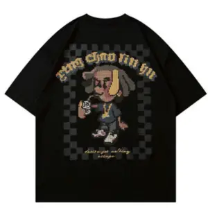 Beyaz Pixel Karikatür Baskılı Bisiklet Yaka Oversize Erkek Tişört