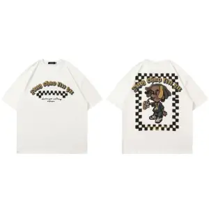 Beyaz Pixel Karikatür Baskılı Bisiklet Yaka Oversize Erkek Tişört