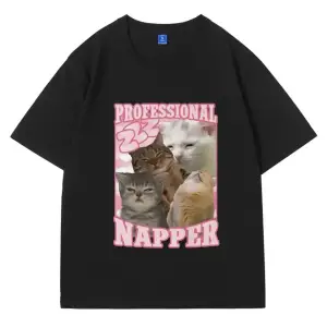 Beyaz Profesyonel Napper Komik Kedi Meme üyük Boy Tshirt Vintage Es