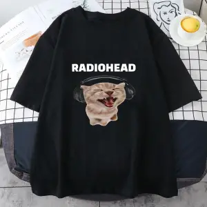 Beyaz Radiohead Kedi Karikatür Baskı /Erkek ahar Pam