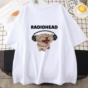 Beyaz Radiohead Kedi Karikatür Baskı /Erkek ahar Pam