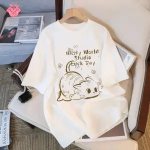 Beyaz s Round Neck Short Sleeve Loose Cute Cat Print Summer Y2K Kawaii Wo