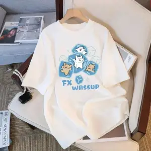 Beyaz s Round Neck Short Sleeve Loose Cute Cat Print Summer Y2K Kawaii Wo