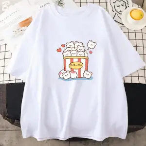Beyaz Sevimli Kawaii Patlamış Mısır Karikatür Sevimli Grafik Tees Yaz Unisex Saf Pamu