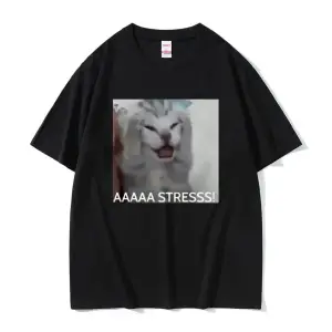 Beyaz Sevimli Komik Stresli Kedi Meme Tshirt Yaz Gevşek K
