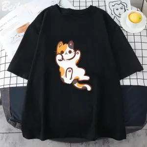 Beyaz Sevimli Patiska Kedi Grafik Yeni Yaz Tshirt Tee Harajuku Estetik Pembe Üst