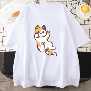 Beyaz Sevimli Patiska Kedi Grafik Yeni Yaz Tshirt Tee Harajuku Estetik Pembe Üst