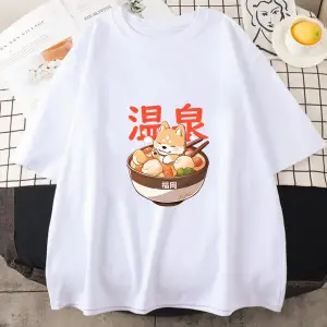 Beyaz Shiba Inu Keyifli Ramen Erişte Baskılı Kawaii Karikatür Üstleri Yaz