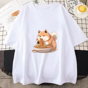 Beyaz Shiba Inu Keyifli Ramen Grafik Tshirt kıyafetleri Yaz Komik Japon Şehriye Harajuku Bask