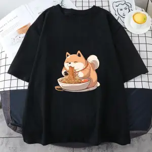 Beyaz Shiba Inu Keyifli Ramen Grafik Tshirt kıyafetleri Yaz Komik Japon Şehriye Harajuku Bask