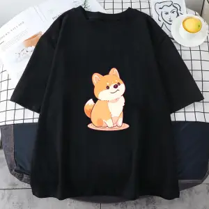 Beyaz Shiba Inu ve Yeni Yaz Yuvarlak Yaka Sevimli Köpek Desen Baskılı Trend
