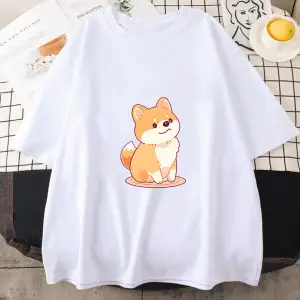 Beyaz Shiba Inu ve Yeni Yaz Yuvarlak Yaka Sevimli Köpek Desen Baskılı Trend