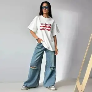 Beyaz Şık Kalp Mektup Baskılı Gevşek O-Boyun Yarım Kollu Tee Yaz