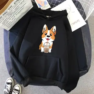 Beyaz Süt çay bardağı Corgi moda Unisex Hoodies bahar sonbaharrahat Hoodies öğrenci