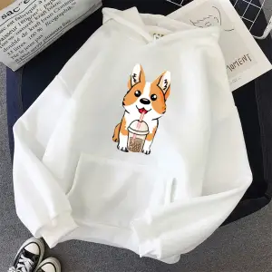 Beyaz Süt çay bardağı Corgi moda Unisex Hoodies bahar sonbaharrahat Hoodies öğrenci