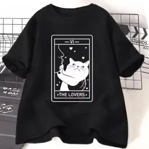 Beyaz Tarot Aşıklar Kedi Sevgilisi Çılgın Kedi an Grafik Tees Harajuk