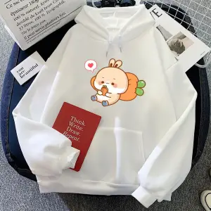 Beyaz Tavşan Yeme Havuç Baskılı Sudaderas Karikatür