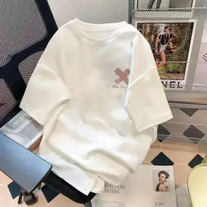 Beyaz Trendy Yaz Beş Kollu Üst Mor Çiçek Baskı Basit Çok Yönlü Bisiklet Yaka Üst Mor Çiçek G