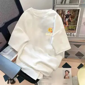 Beyaz Trendy Yaz Beş Kollu Üst Mor Çiçek Baskı Basit Çok Yönlü Bisiklet Yaka Üst Mor Çiçek G