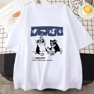 Beyaz Tshirt Streetwear japon Harajuku komik içme kedi yaz karikatür T S