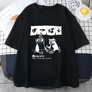 Beyaz Tshirt Streetwear japon Harajuku komik içme kedi yaz karikatür T S