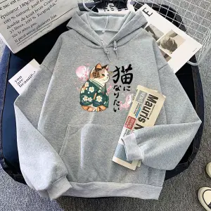 Beyaz Ukiyoe tarzı Kanji kediHoodies japon çiçeği Sakura grafik rahat lar