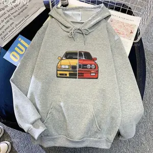Beyaz Unisex Araba Grafik Hoodie Sonbahar Rahat Baskıevş