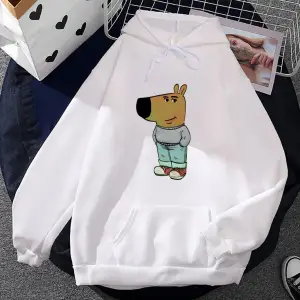 Beyaz Unisex Chill Guy Karikatür Komik Grafik Baskı Kapşonluek Sudadera