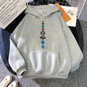 Beyaz Unisex Dokuz gezegenler evren güneş sistemi baskı Hoodie gevşek cep Hoody sonbahar bo