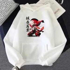 Beyaz Unisex Genshin darbeli kapüşonlu üst Kaedehara Kazuha baskı Hoody karakter aktif ka