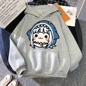 Beyaz Unisex Hololive İngilizce VTuber Gawr Gura Merch nedensel japon Streetwear uzun kol