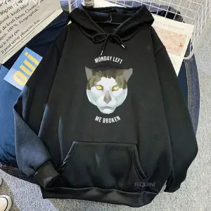 Beyaz Unisex Meme KEDI Komik Grafik Kapüşonlular Pazartesi Beni Kırık Şarkı Bırak Hop ErkekKa