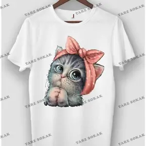 Beyaz Unisex Sevimli Minik Kedi Baskılı Pamuk Bisiklet Yaka Boyfriend Örme Oversize