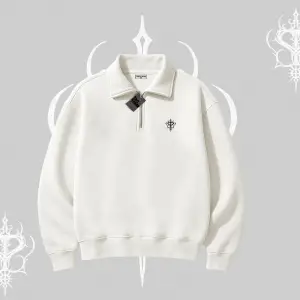 Beyaz Yarım Fermuarlı Sweatshirt Özel logolu
