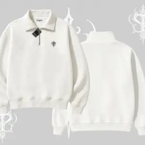 Beyaz Yarım Fermuarlı Sweatshirt Özel logolu
