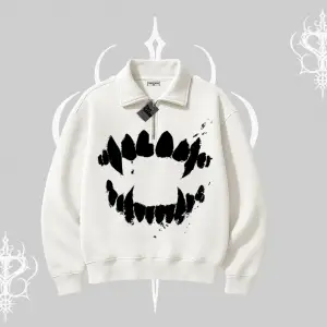 Beyaz Yarım Fermuarlı Sweatshirt Vampir Dış