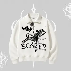 Beyaz Yarım Fermuarlı Sweatshirt Why are u Scared