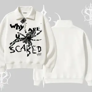 Beyaz Yarım Fermuarlı Sweatshirt Why are u Scared