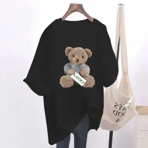 Beyaz Yaz Hayvan Ayı Baskı Temel Saf O-Boyun Üst Tee Ofis an