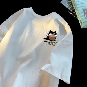 Beyaz Yaz Kahve Basit Temel Gevşek ve Öğrenci Yuvarlak Yaka Y