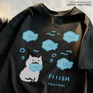 Beyaz Yeme Balık Kedi Küçük Balık Yaz Nefes Eğlence Gevşek Çift Tee Y