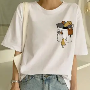 Beyaz Yeni Sevimli Kedi Komik Karikatür Baskı Tshirt Harajuku Kawaii T-shi