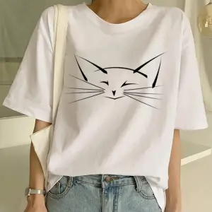 Beyaz Yeni Sevimli Kedi Komik Karikatür Baskı Tshirt Harajuku Kawaii T-shi