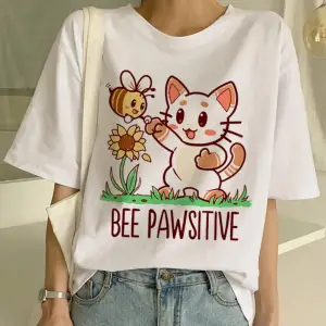 Beyaz Yeni Sevimli Kedi Komik Karikatür Baskı Tshirt Harajuku Kawaii T-shi