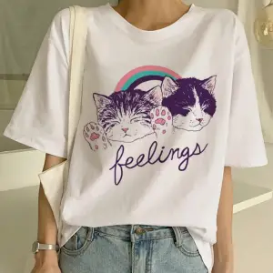 Beyaz Yeni Sevimli Kedi Komik Karikatür Baskı Tshirt Harajuku Kawaii T-shi