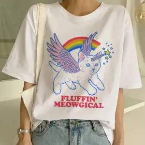 Beyaz Yeni Sevimli Kedi Komik Karikatür Baskı Tshirt Harajuku Kawaii T-shi