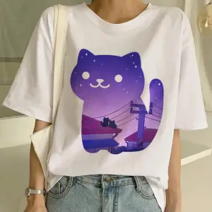 Beyaz Yeni Sevimli Kedi Komik Karikatür Baskı Tshirt Harajuku Kawaii T-shi