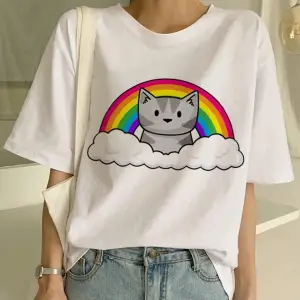 Beyaz Yeni Sevimli Kedi Komik Karikatür Baskı Tshirt Harajuku Kawaii T-shi