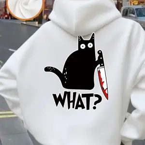 Bıçak Tutan Siyah Kedi Baskılı Kadınlar İçin Rahat Bol Sweatshirt Polar Sıcak Yumuşak Kazak G