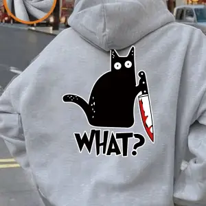 Bıçak Tutan Siyah Kedi Baskılı Kadınlar İçin Rahat Bol Sweatshirt Polar Sıcak Yumuşak Kazak G